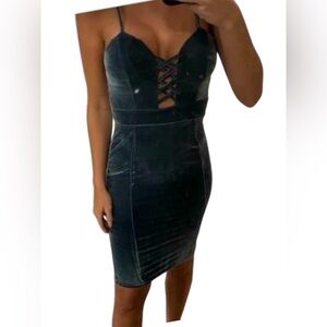 Velvet Dark Blue Spaghetti Strap Midi Dress Padded Criss Cross Front cocktail XS